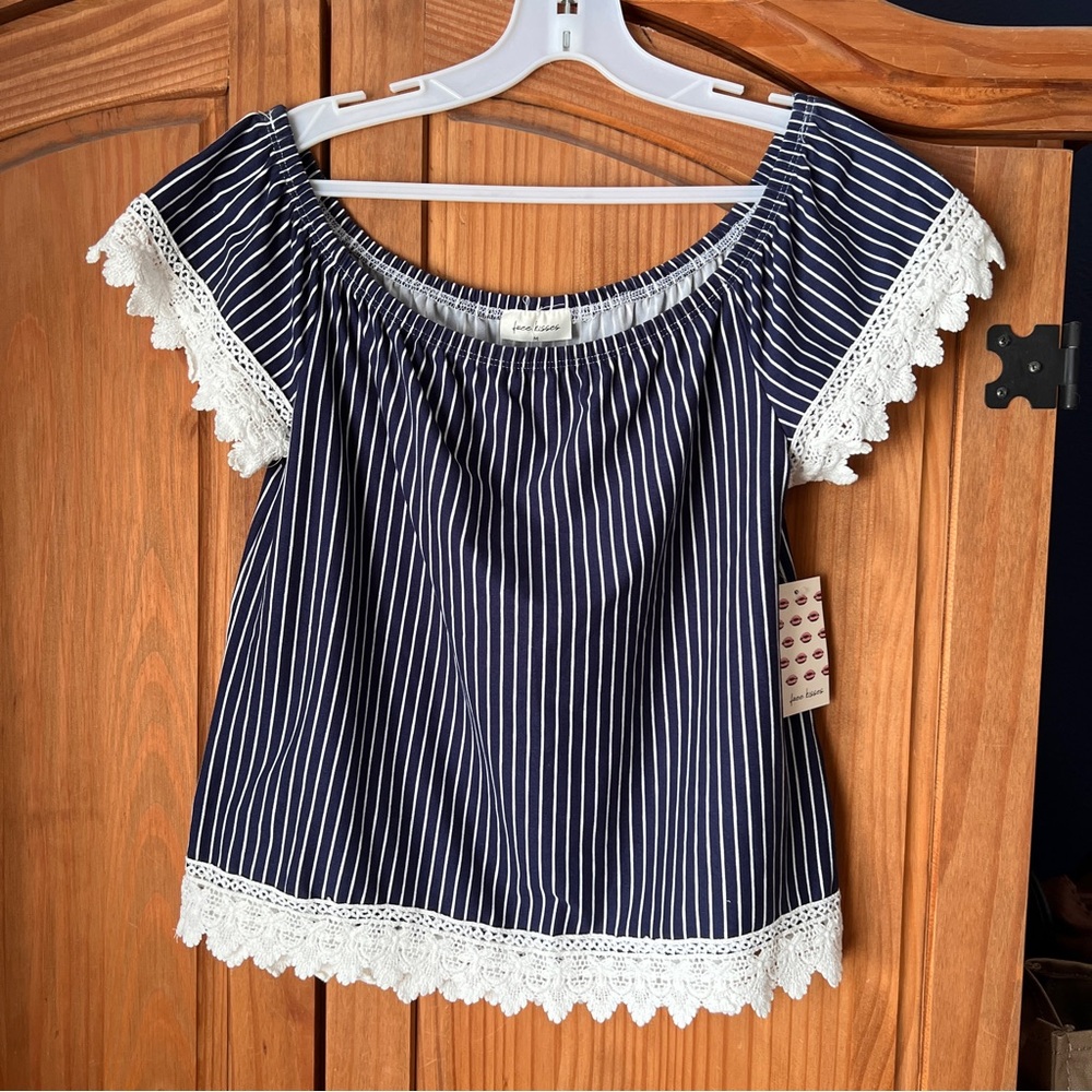 Navy Striped Off-Shoulder Top with Lace Trim